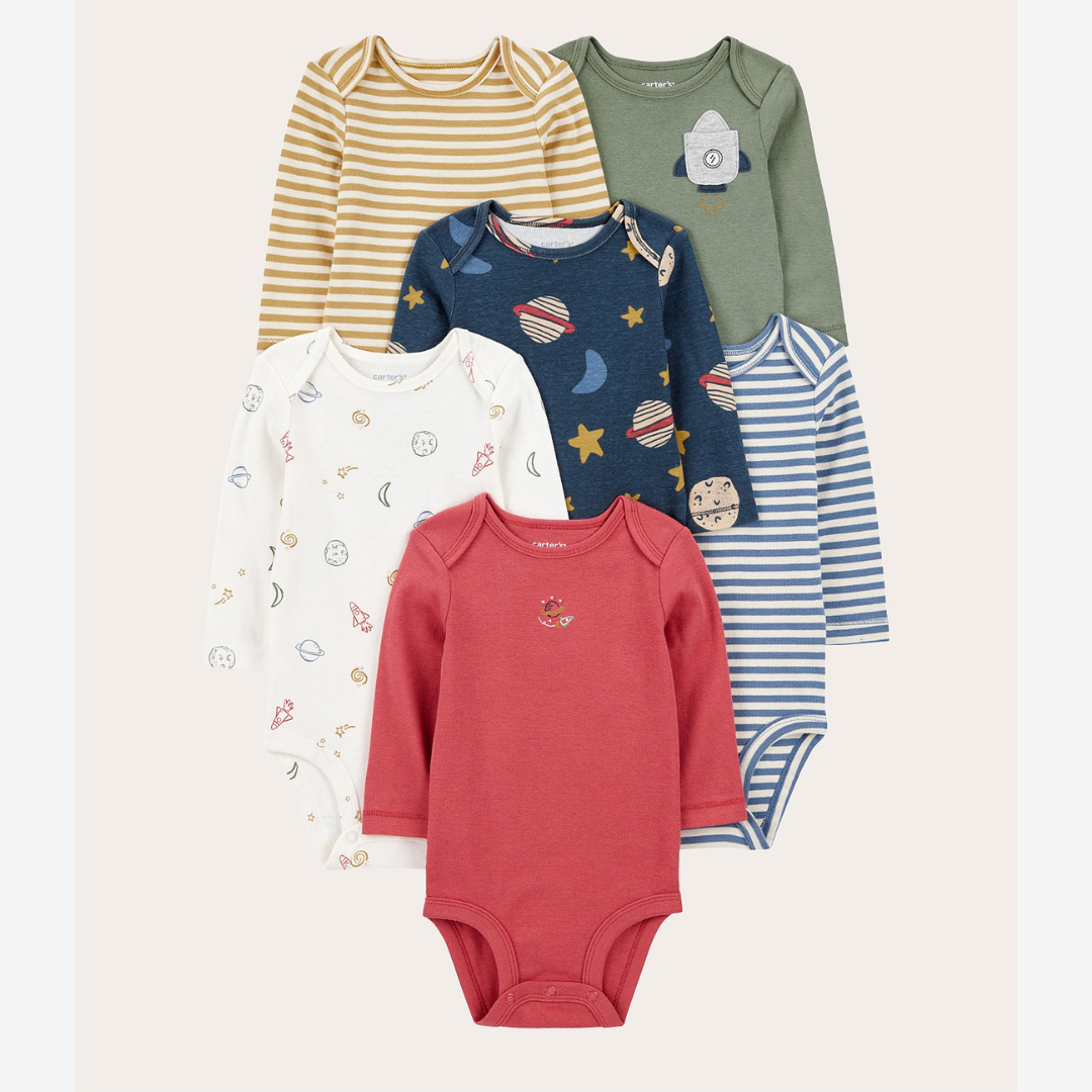 Kit body bebê 6 peças listras e universo multicor