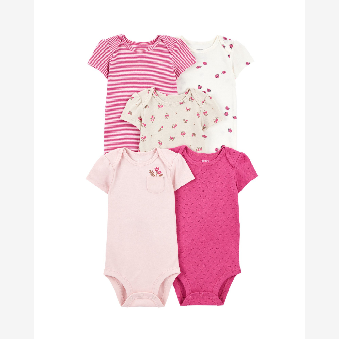 Kit body bebê 5 peças flores e joaninhas multicor