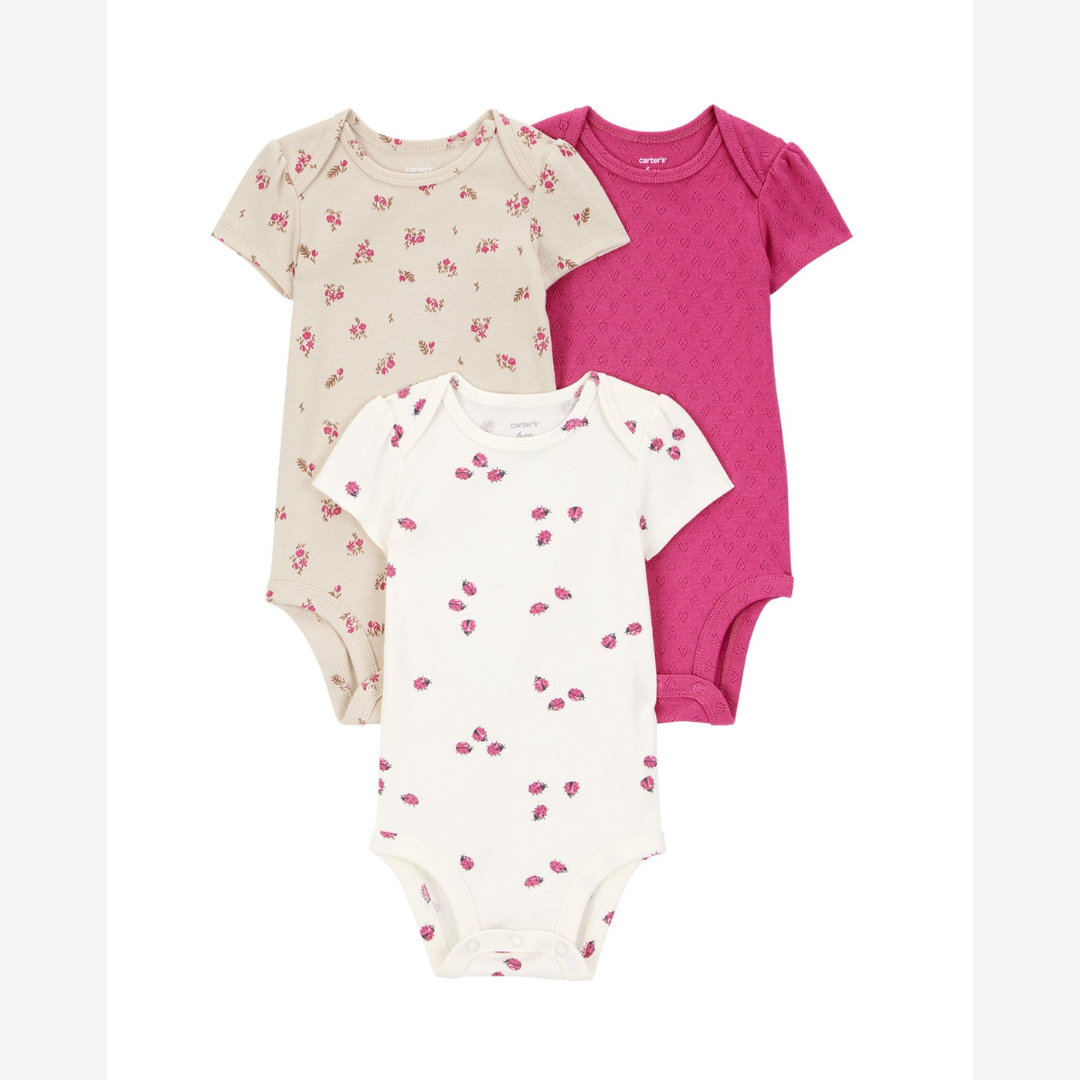 Kit body bebê 3 peças flores e joaninhas multicor