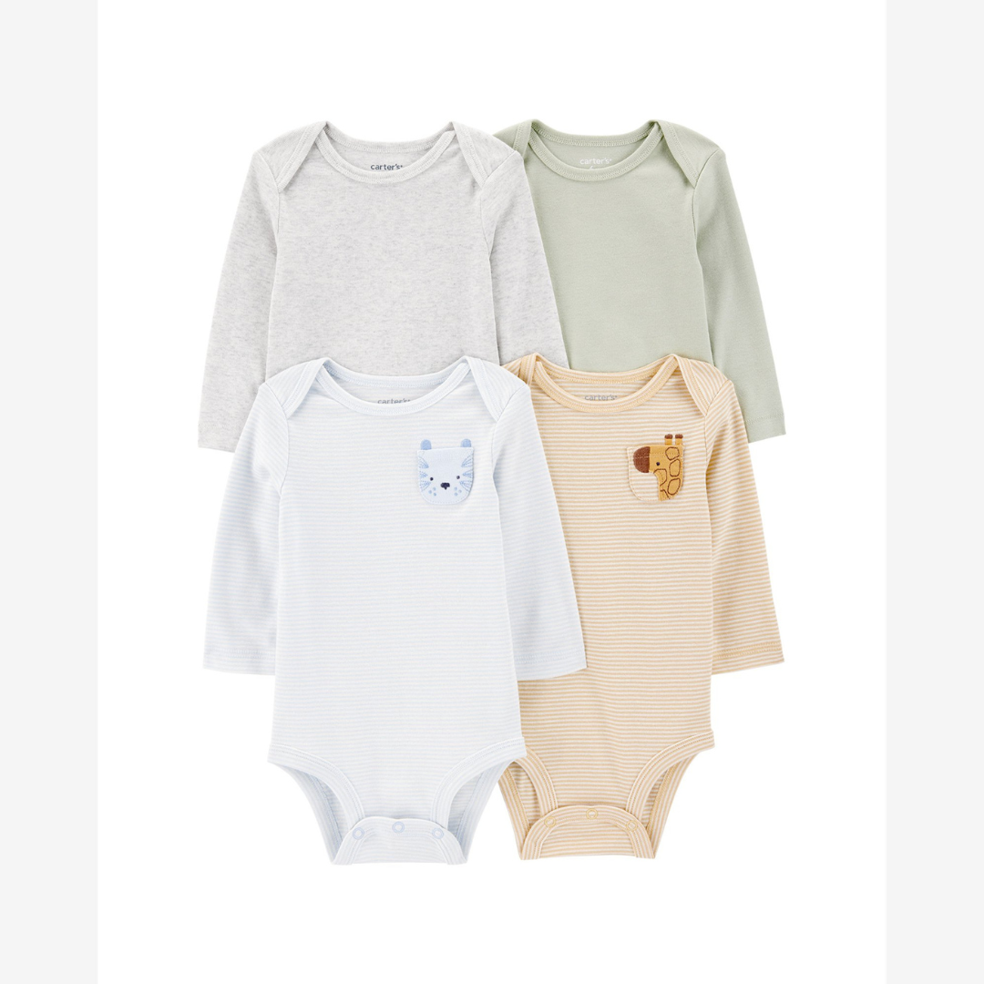 Kit body bebê 4 peças bichinhos e listras multicor