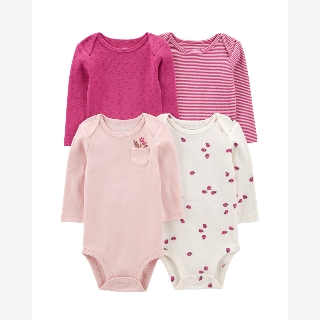 Kit body bebê 4 peças flores e joaninhas multicor