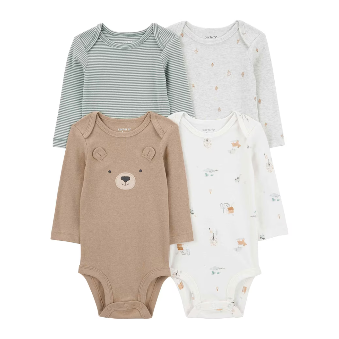 Kit body bebê 4 peças listrado e bichinhos multicor