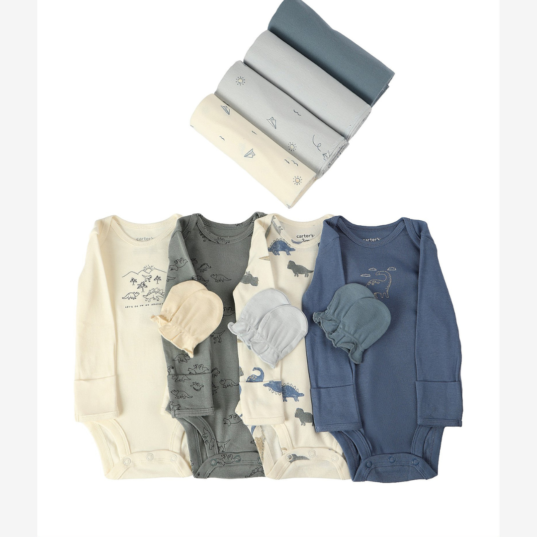 Enxoval bebê body 4 peças + kit luva 3 pares + kit cueiro 4 peças + caixa de presente M multicor