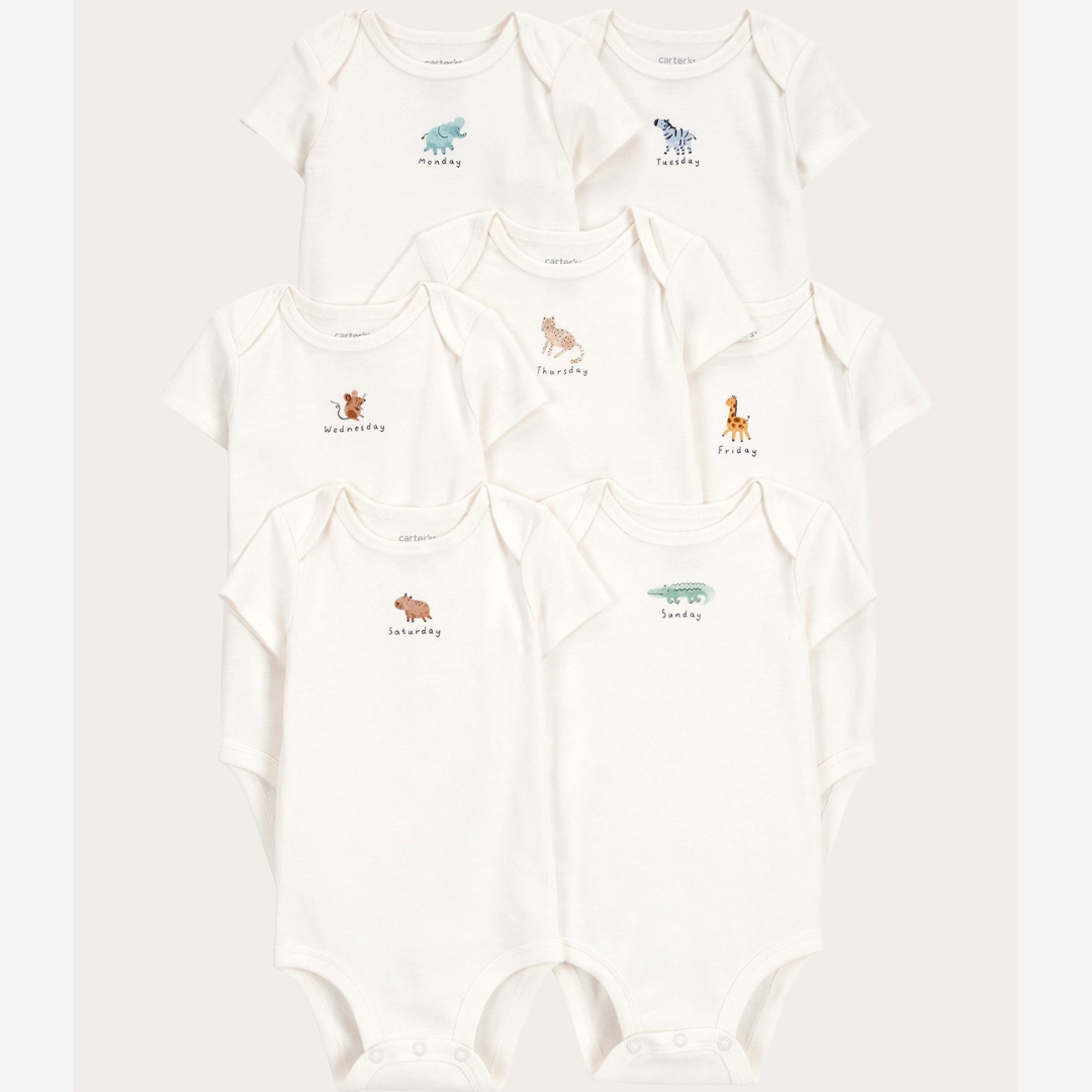 Kit body bebê 7 peças dias da semana off-white